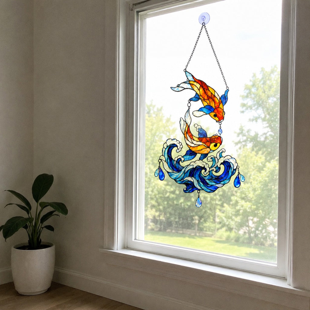 Koi Fish Couple Ocean Wave Holographic Acrylic Suncatcher