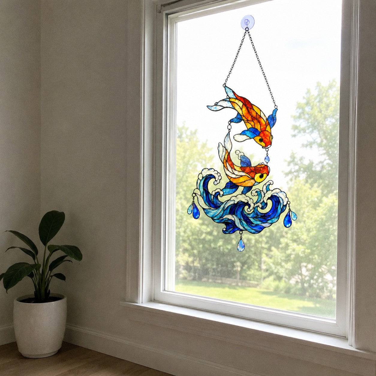 Koi Fish Couple Ocean Wave Holographic Acrylic Suncatcher