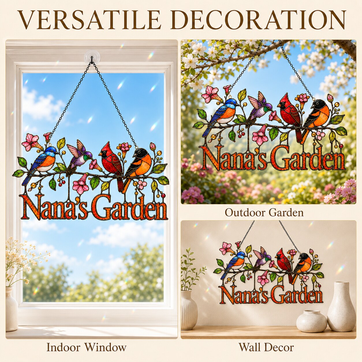 Personalized Nana's Garden Birds Holographic Acrylic Suncatcher