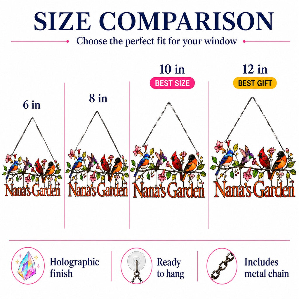Personalized Nana's Garden Birds Holographic Acrylic Suncatcher