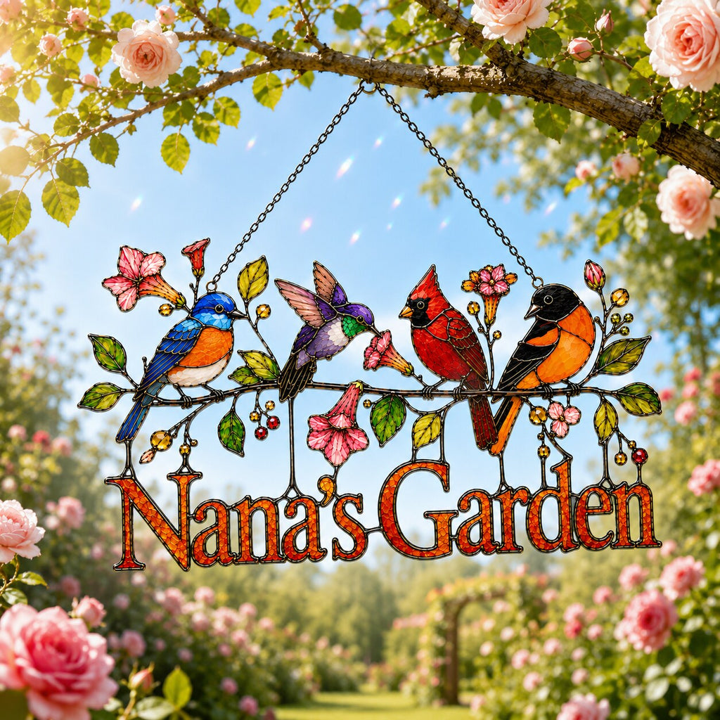 Personalized Nana's Garden Birds Holographic Acrylic Suncatcher