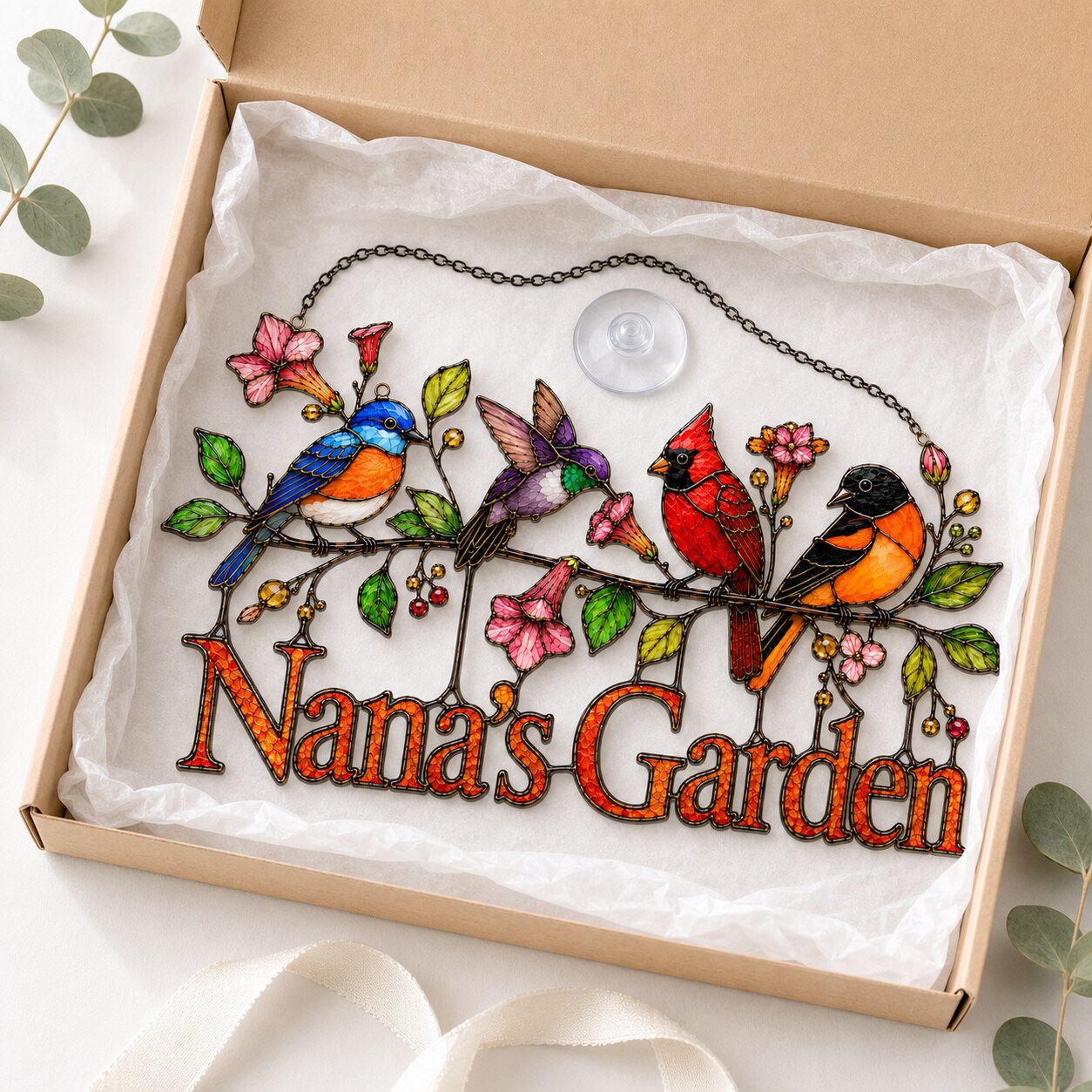 Personalized Nana's Garden Birds Holographic Acrylic Suncatcher
