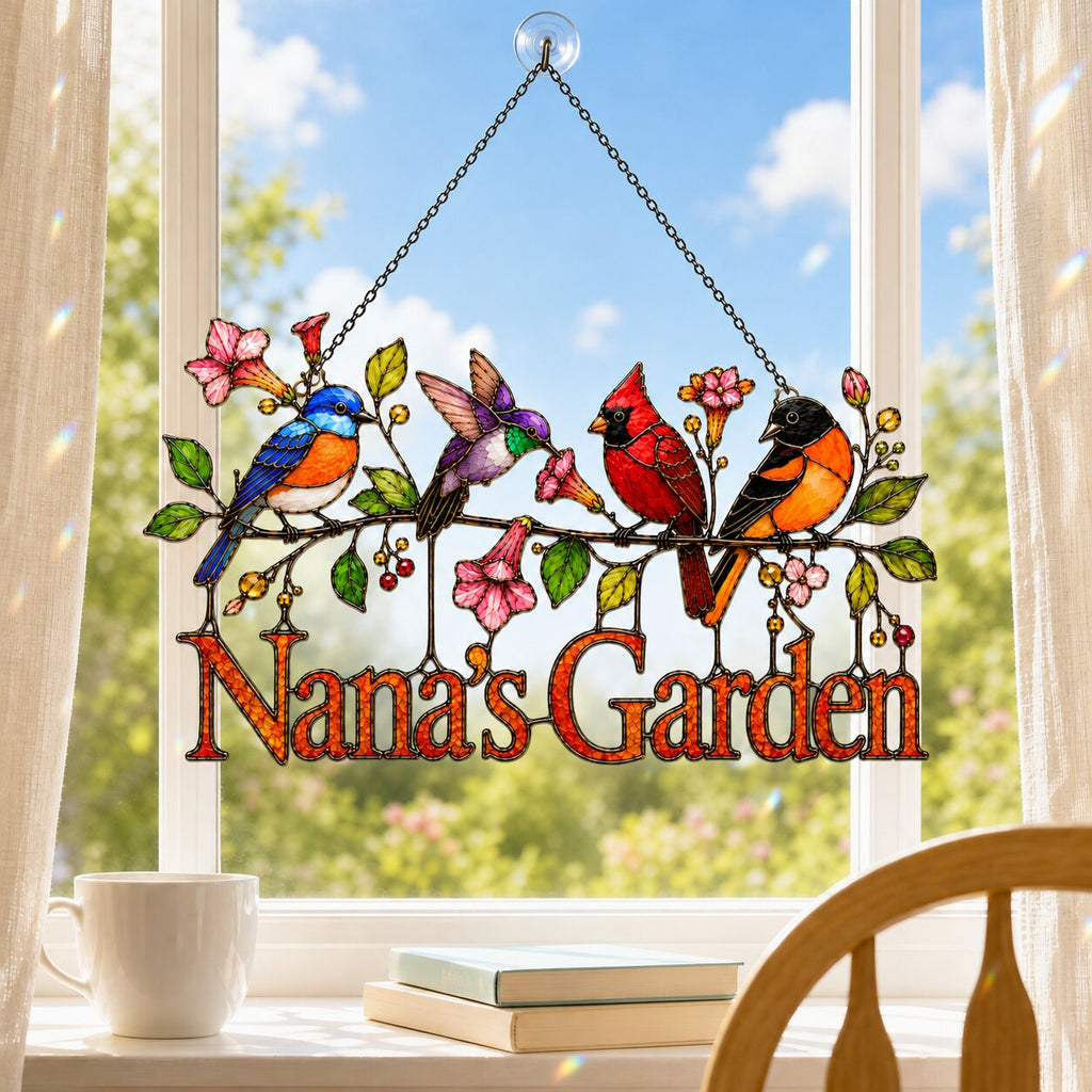 Personalized Nana's Garden Birds Holographic Acrylic Suncatcher
