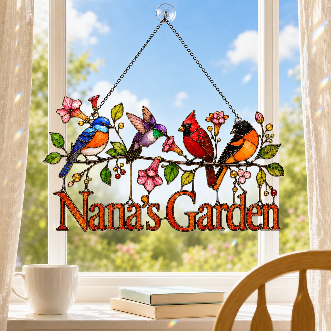 Personalized Nana's Garden Birds Holographic Acrylic Suncatcher