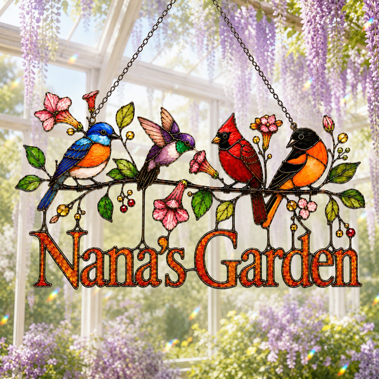 Personalized Nana's Garden Birds Holographic Acrylic Suncatcher