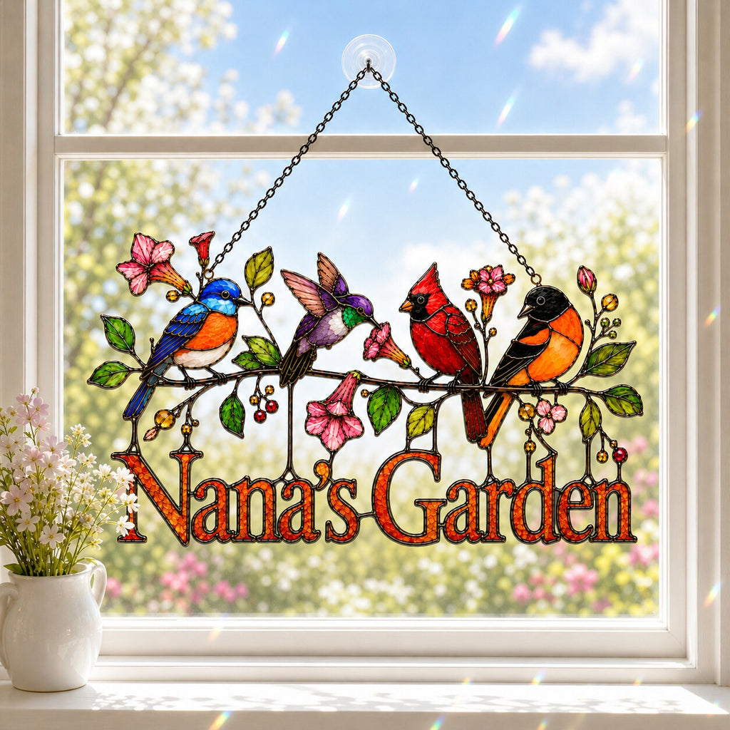 Personalized Nana's Garden Birds Holographic Acrylic Suncatcher