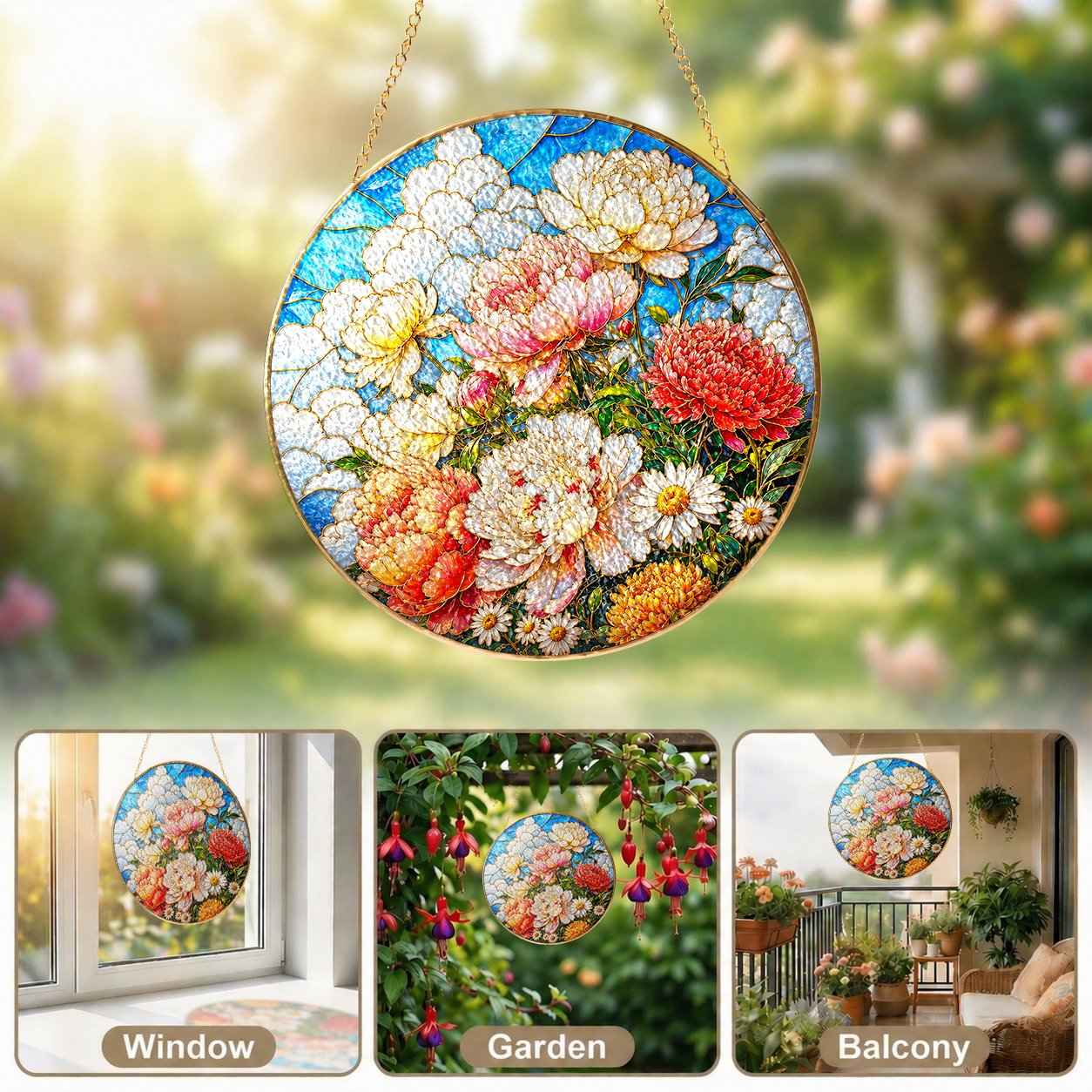 Peony Bouquet Stained Glass Suncatcher
