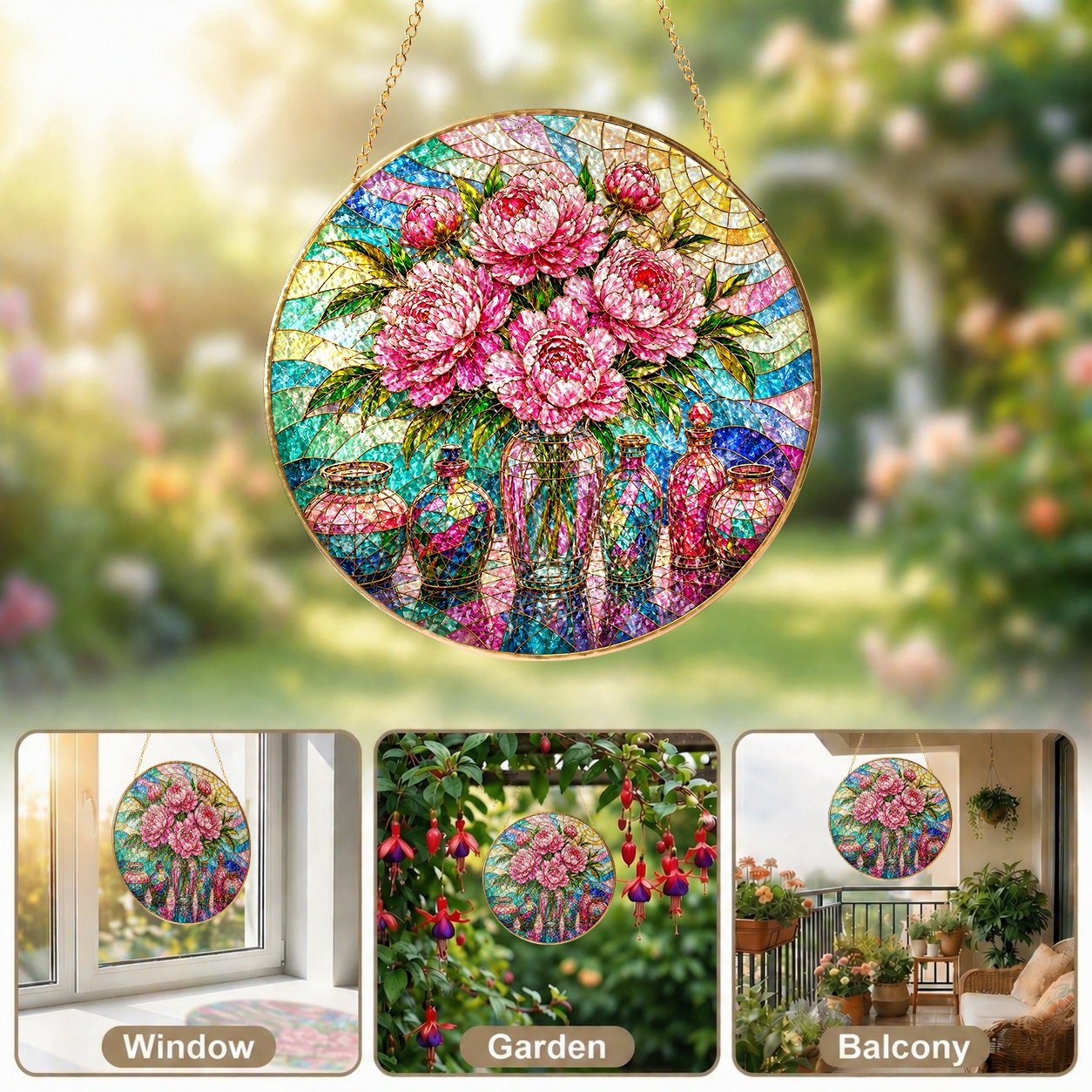 Pink Peony Stained Glass Suncatcher