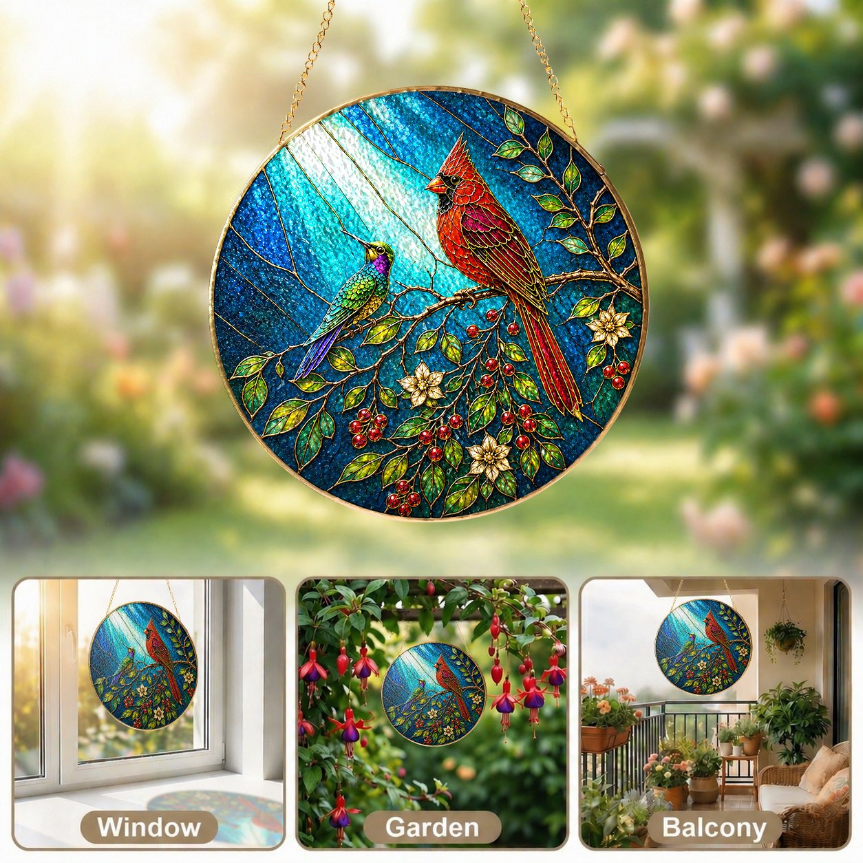 Cardinal Bird Stained Glass Suncatcher