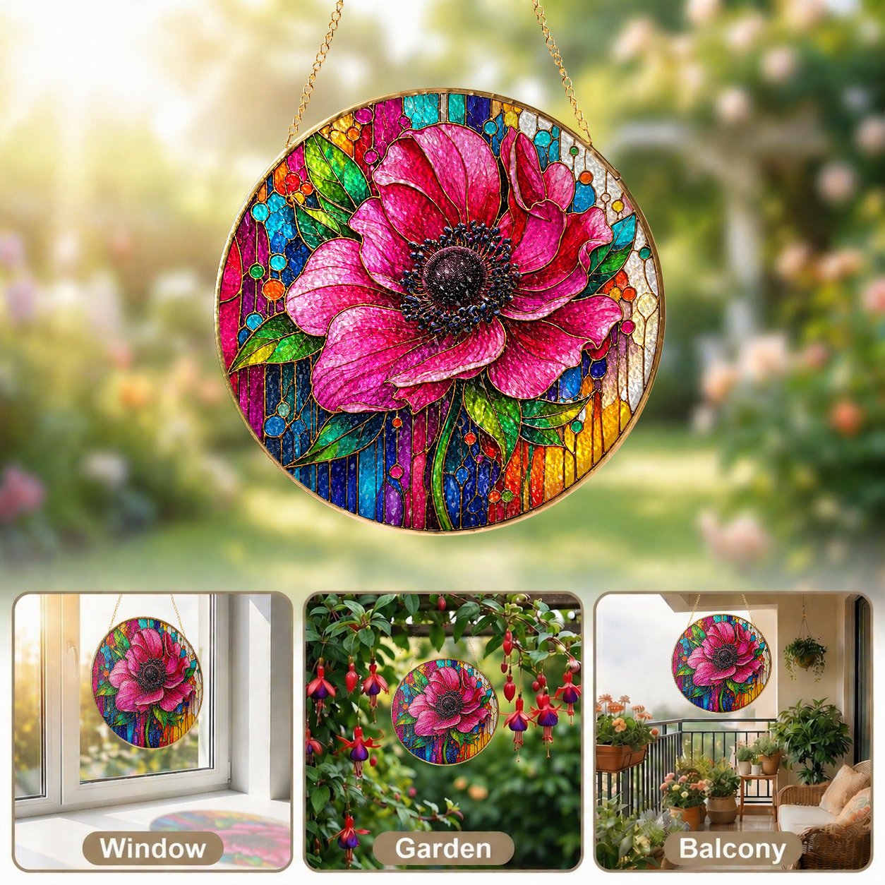 Pink Anemone Floral Stained Glass Suncatcher