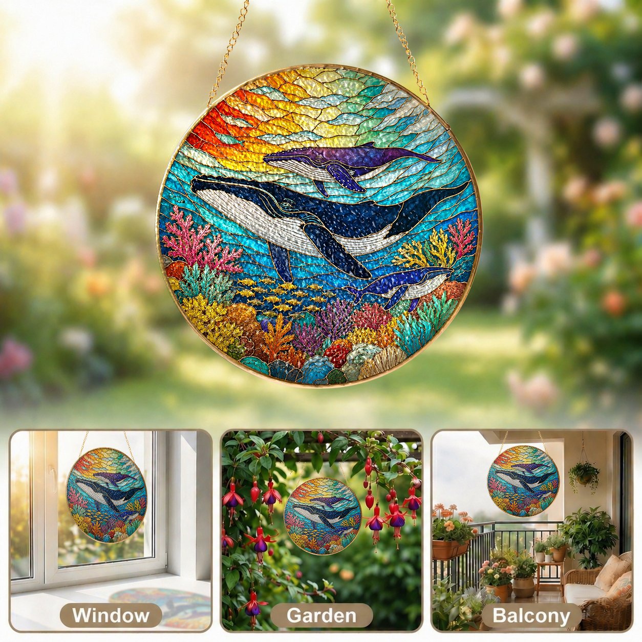 Whale Ocean Stained Glass Suncatcher