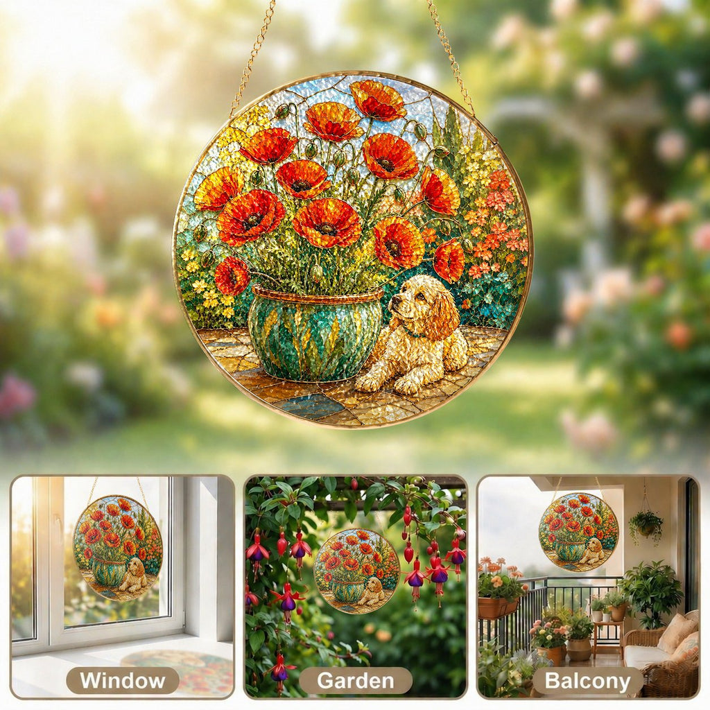 Poppy and Puppy Stained Glass Suncatcher