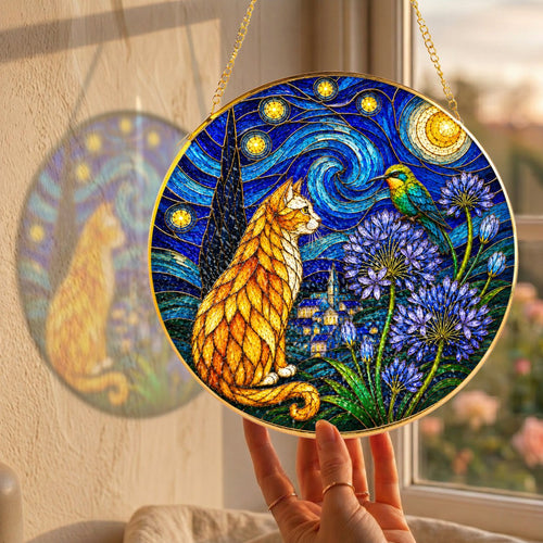 Starry Night Cat Stained Glass Suncatcher