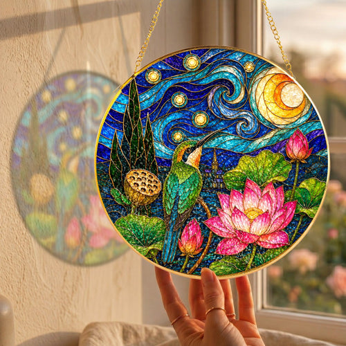 Hummingbird Lotus Stained Glass Suncatcher