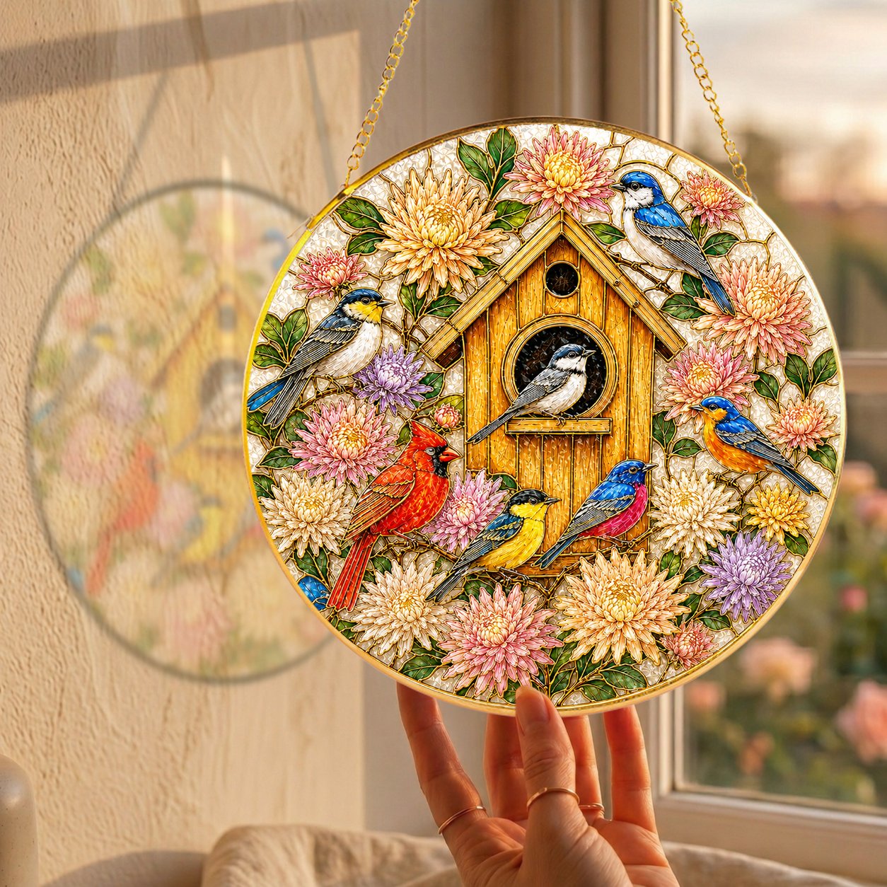 Birdhouse Birds Stained Glass Suncatcher