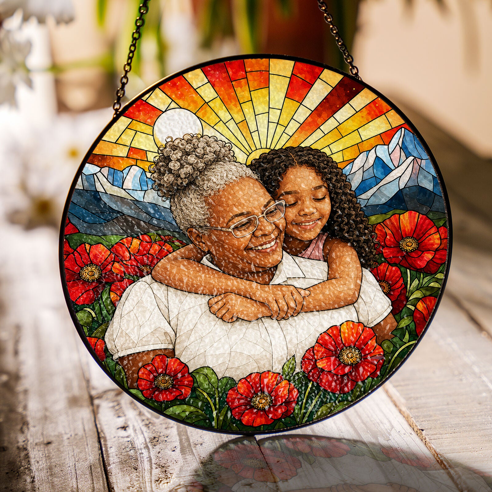Personalized Poppy Sunrise Photo Stained Glass Suncatcher
