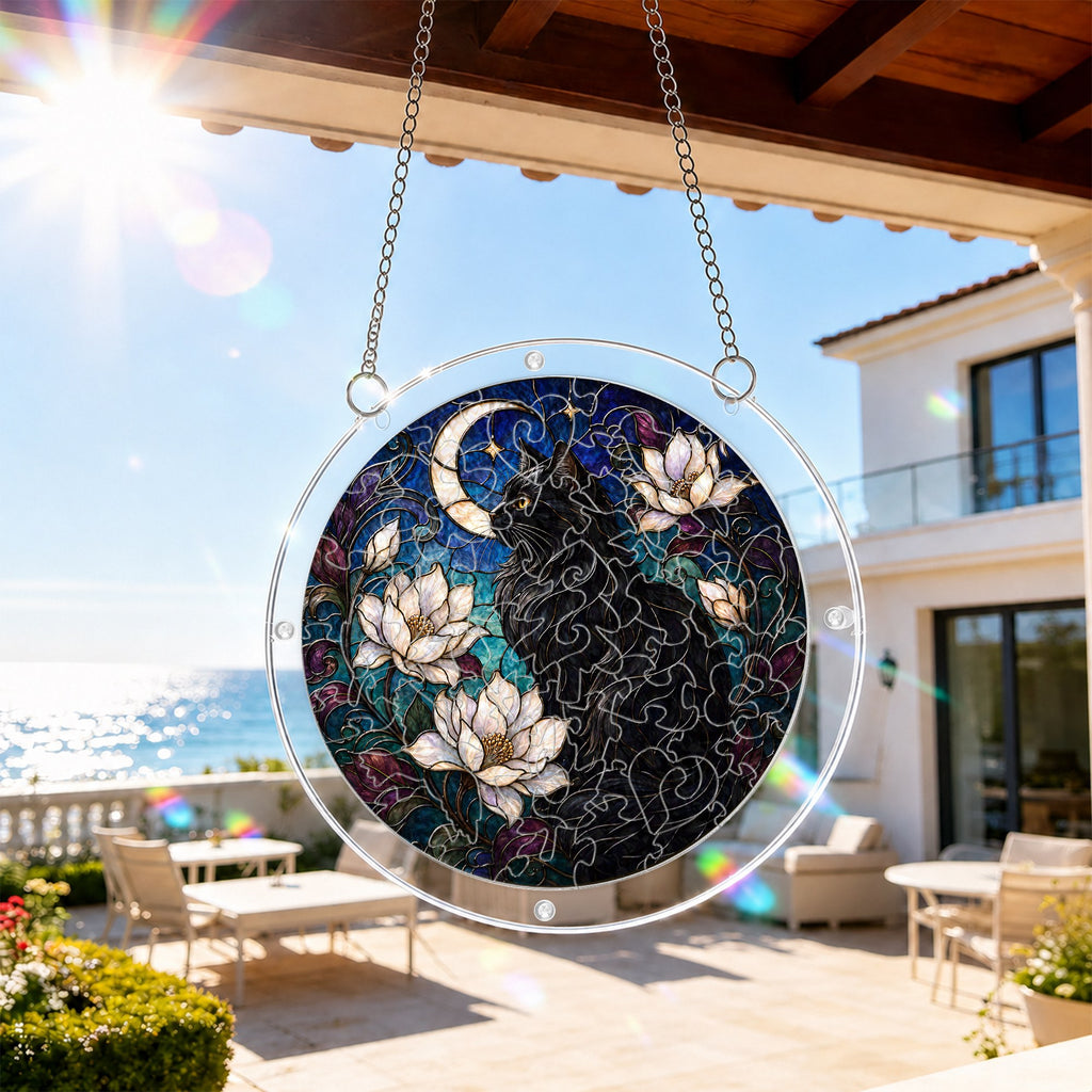 Black cat memorial puzzle suncatcher hanging on a sunny patio