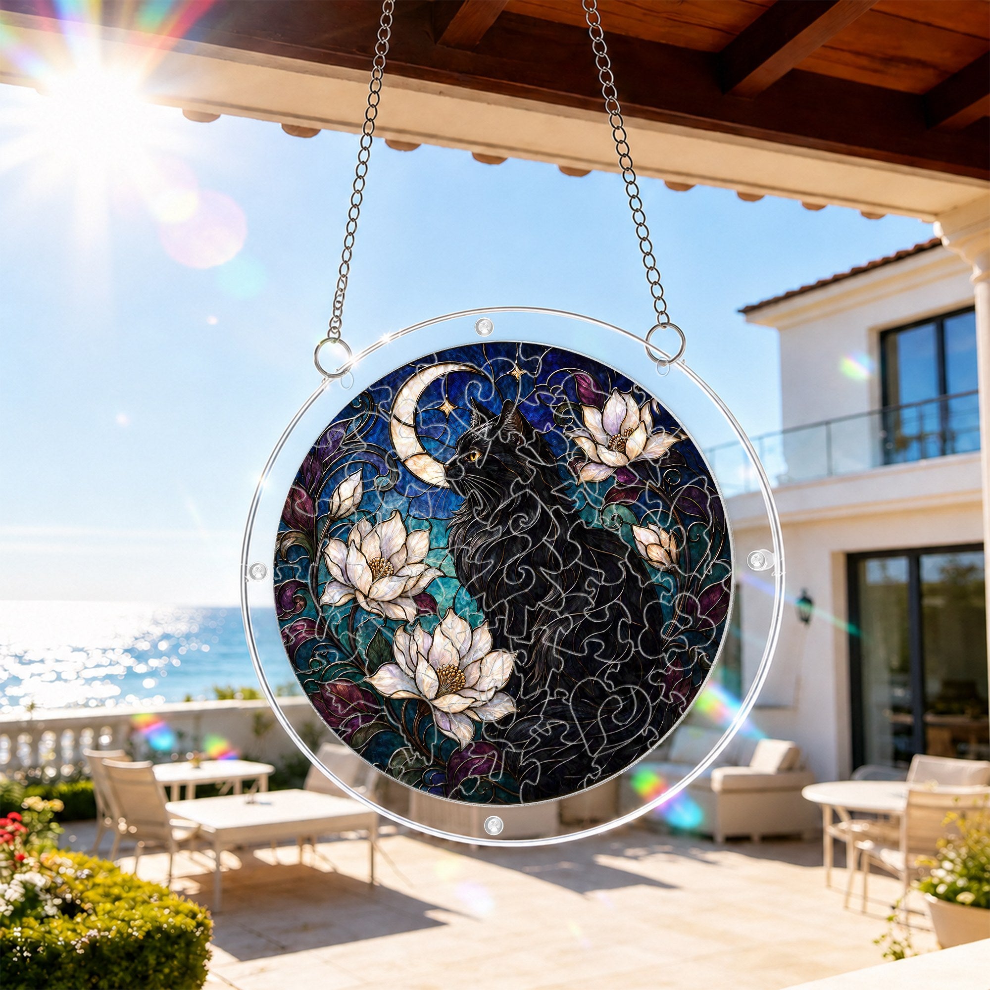 Black cat memorial puzzle suncatcher hanging on a sunny patio