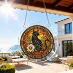 Cat memorial puzzle suncatcher hanging on a sunny patio