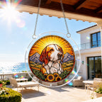 Dog memorial puzzle suncatcher hanging on a sunny patio