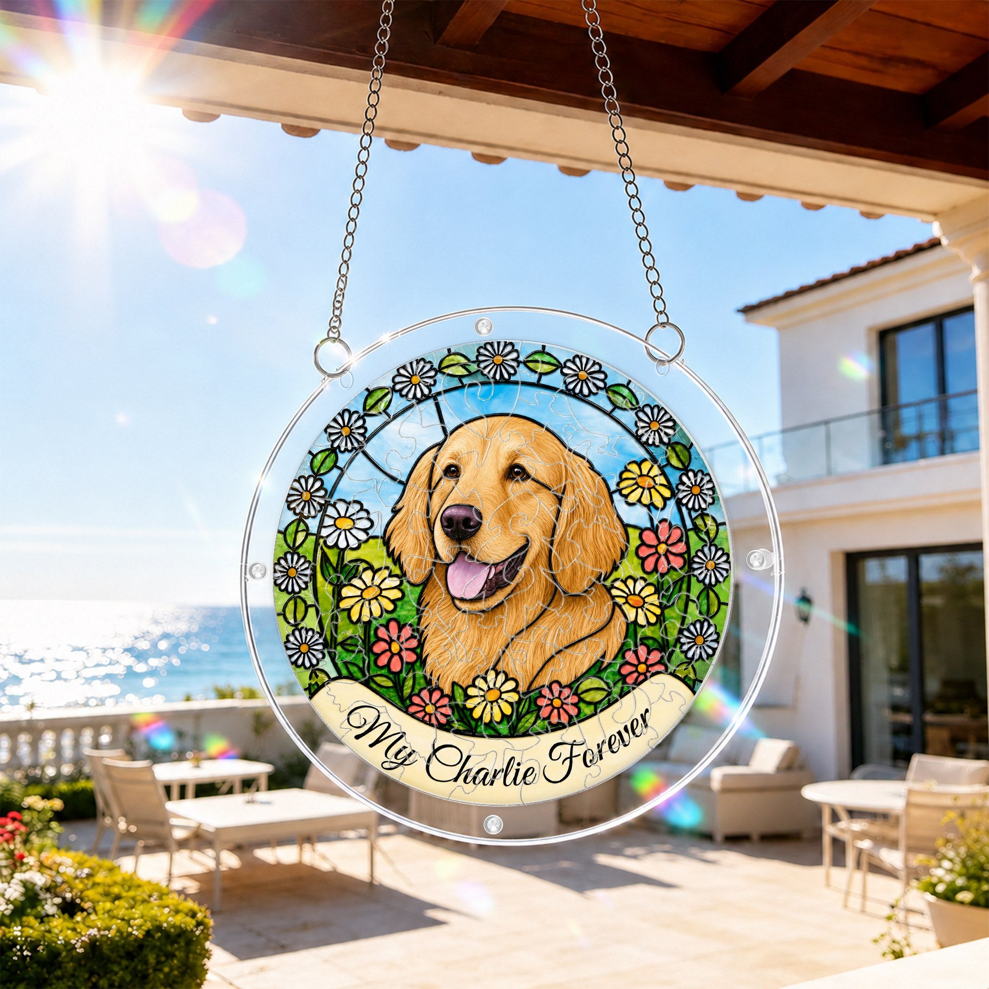 Daisy garden dog memorial puzzle suncatcher hanging on a sunny patio with sky background