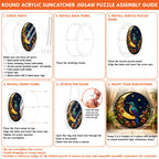 Product detail — layered 2 mm acrylic panel construction of the hummingbird crescent-moon puzzle suncatcher