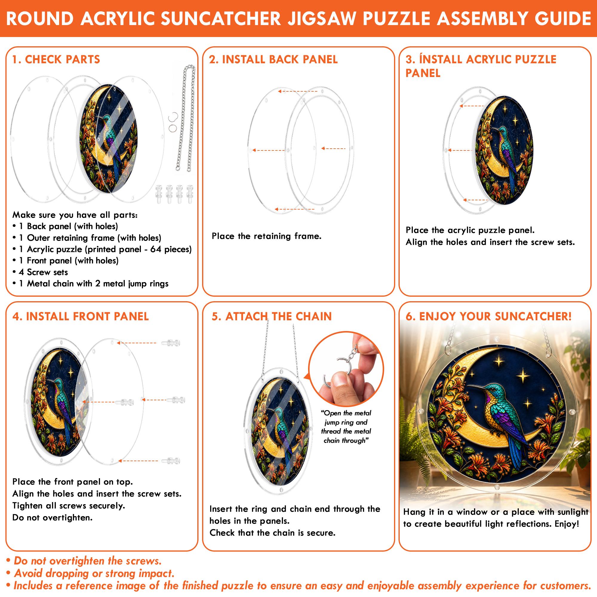 Product detail — layered 2 mm acrylic panel construction of the hummingbird crescent-moon puzzle suncatcher