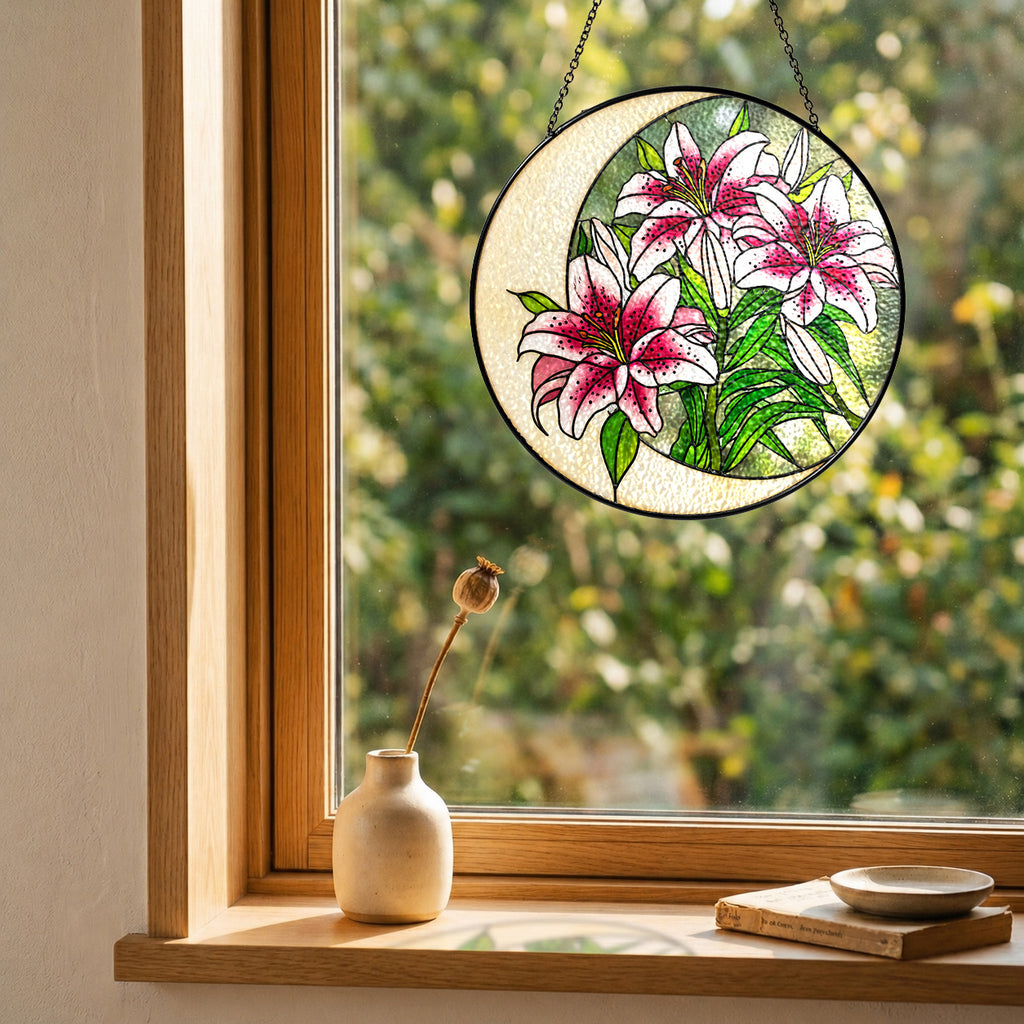 Pink lily suncatcher in a cozy window with a small vase and soft natural light