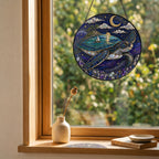 [PIXIWOO] Stained Glass Suncatcher Sea Turtle Window Hanging Decor, Ocean Turtle Island Acrylic Ornament, Moon Star Coastal Wall Art, Fantasy Beach House Sun Catcher Gift for Turtle Lovers