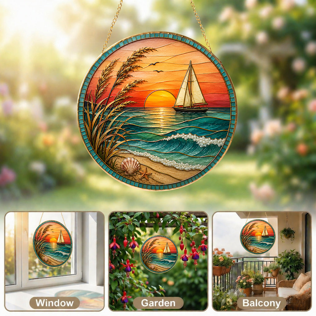 [ PIXIWOO] Stained Glass Suncatcher Sunset Sailboat Window Hanging Decor, Ocean Beach Acrylic Ornament, Coastal Beach House Wall Art, Nautical Sea Waves Sun Catcher Gift for Ocean Lovers