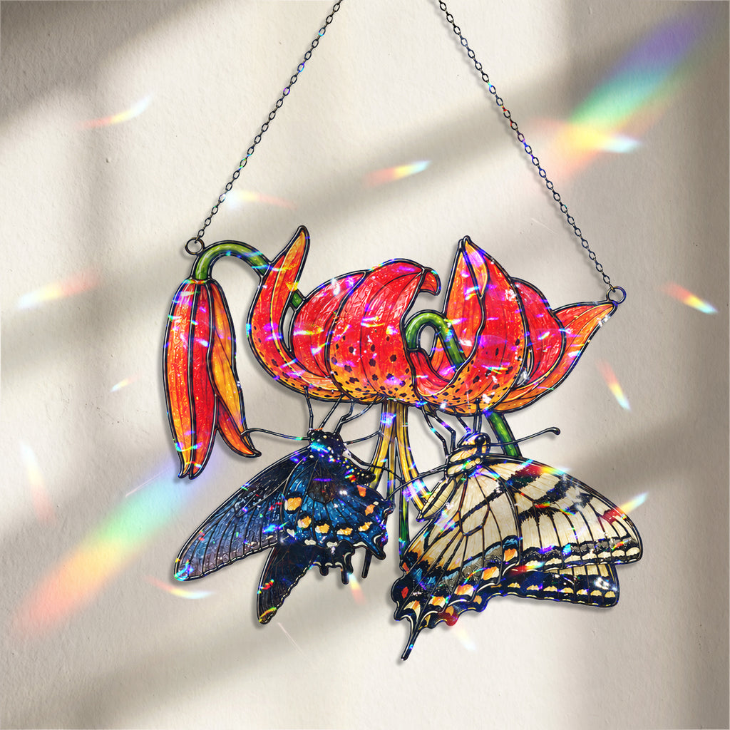 Swallowtail Butterflies & Tiger Lily Holographic Acrylic Suncatcher