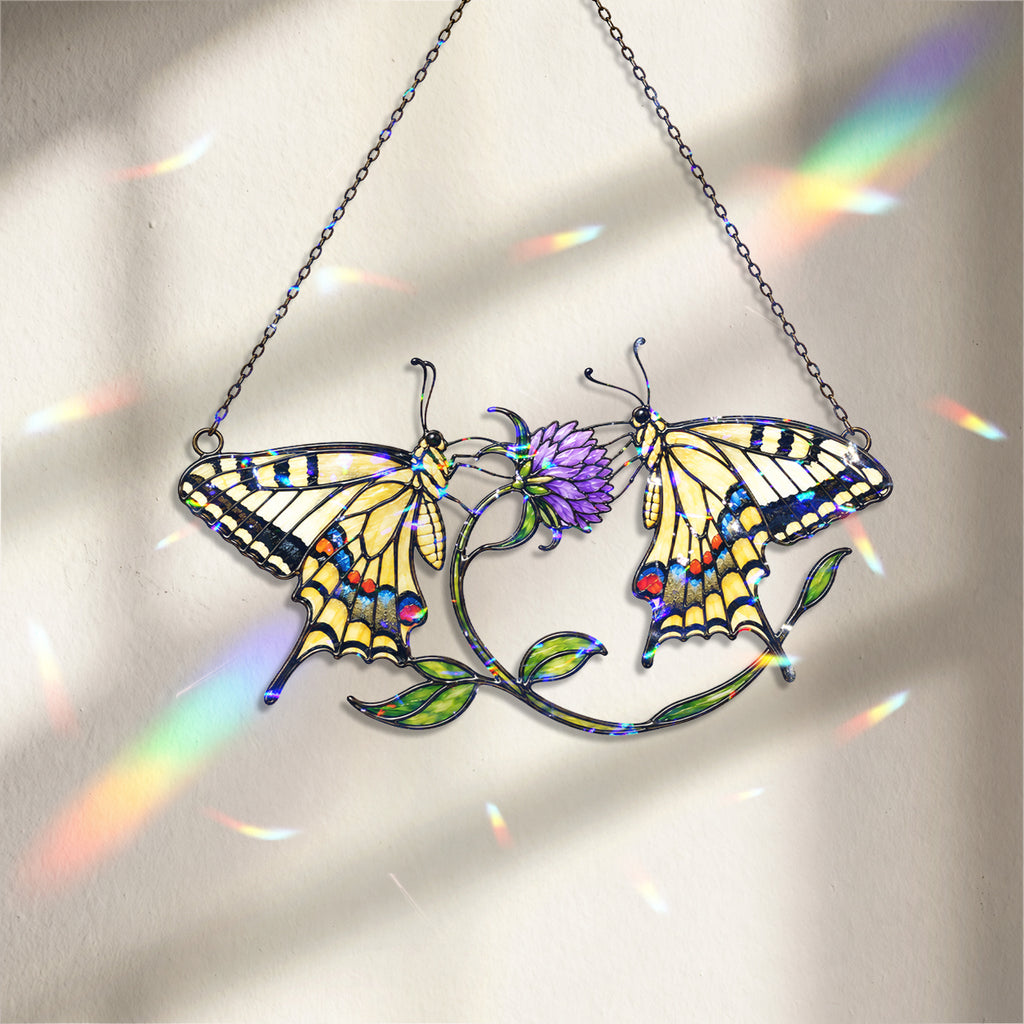 Twin Swallowtail Butterflies & Purple Clover Holographic Acrylic Suncatcher