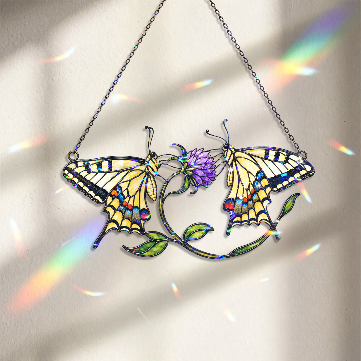 Twin Swallowtail Butterflies & Purple Clover Holographic Acrylic Suncatcher