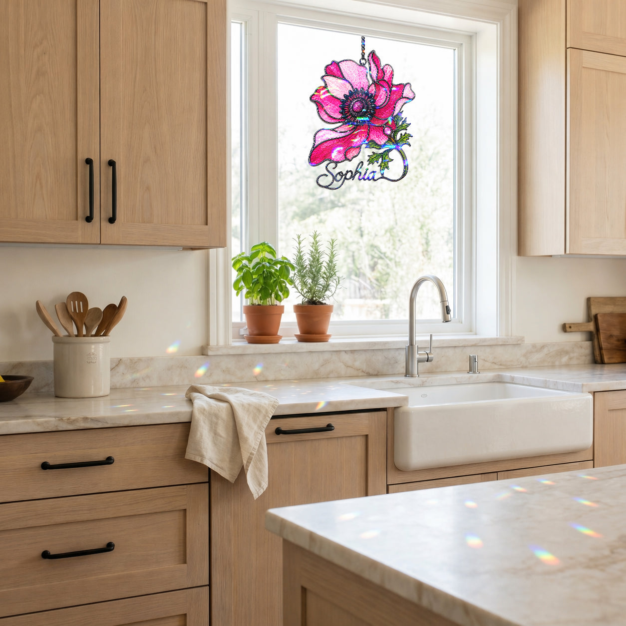 Personalized Pink Anemone Flower Holographic Acrylic Suncatcher