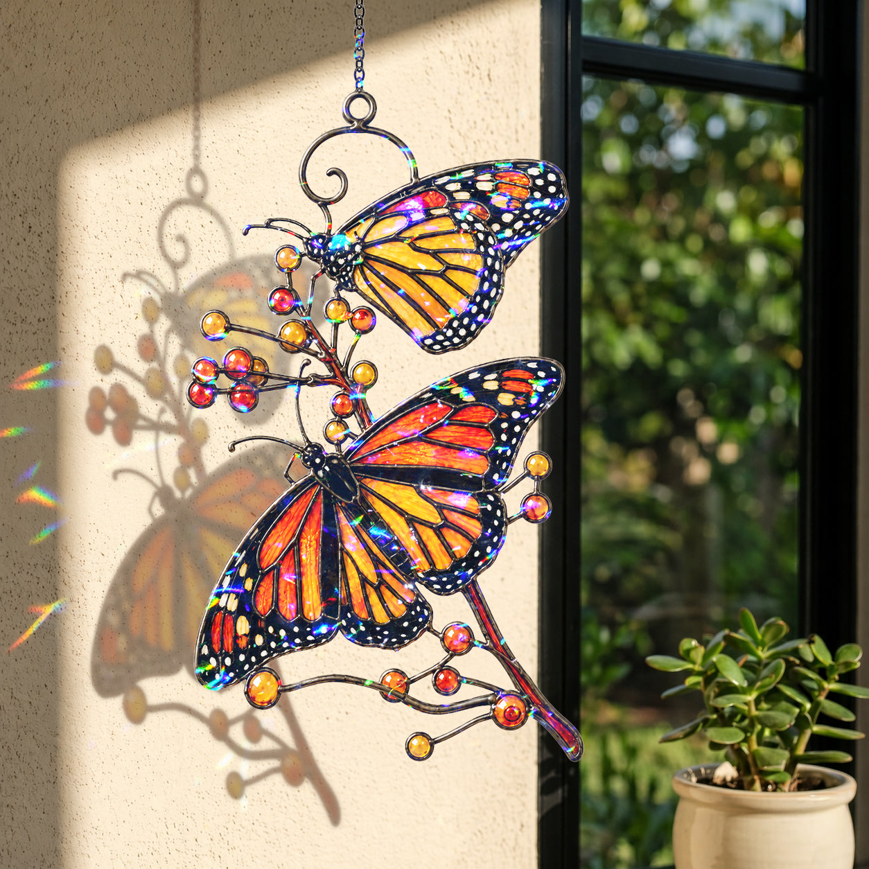 Monarch Butterflies & Berry Branch Holographic Acrylic Suncatcher