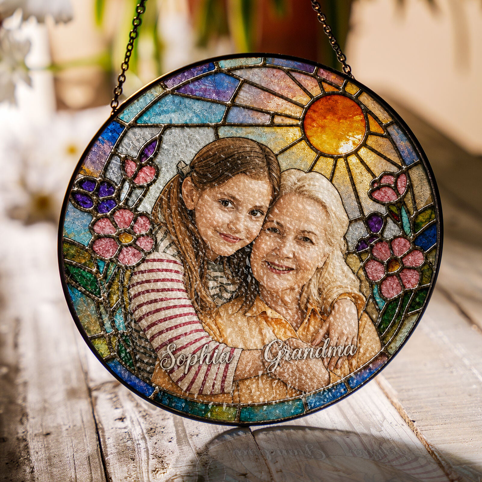 Personalized Blossom Sunrise Photo Stained Glass Suncatcher