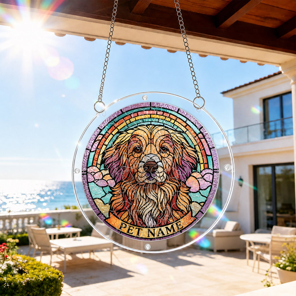 Dog memorial puzzle suncatcher hanging on a sunny patio
