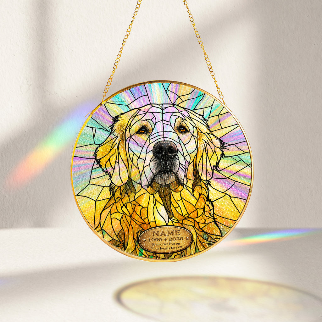 Golden Retriever Memorial Suncatcher glowing with sunlight