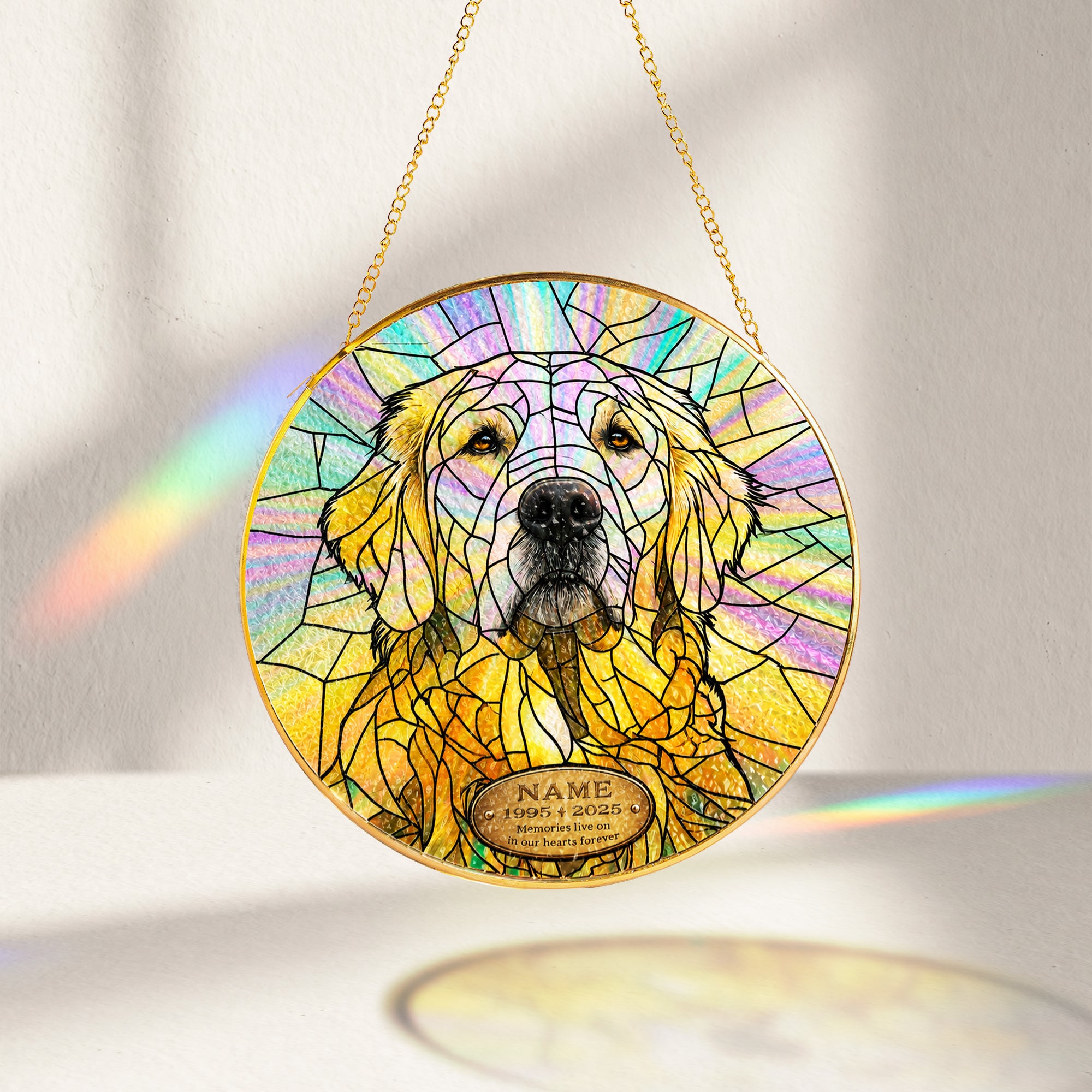 Golden Retriever Memorial Suncatcher glowing with sunlight
