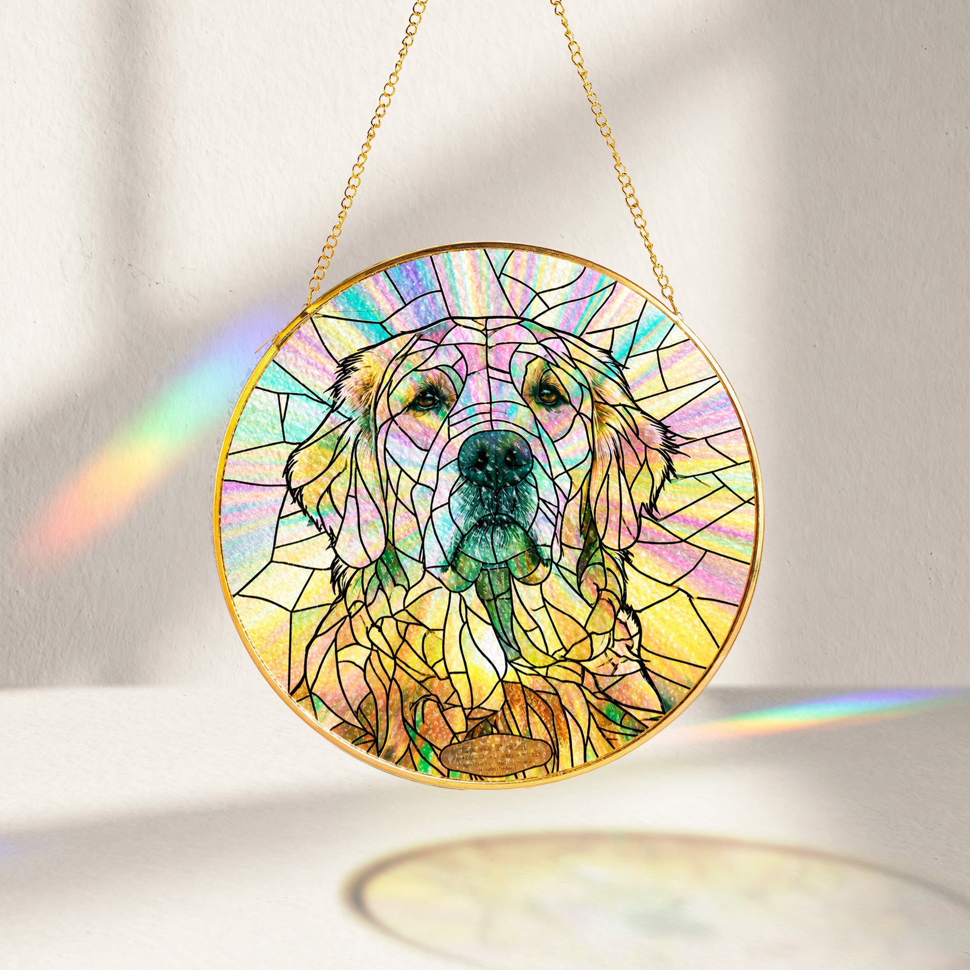 Personalized Dog Memorial Suncatcher glowing with sunlight