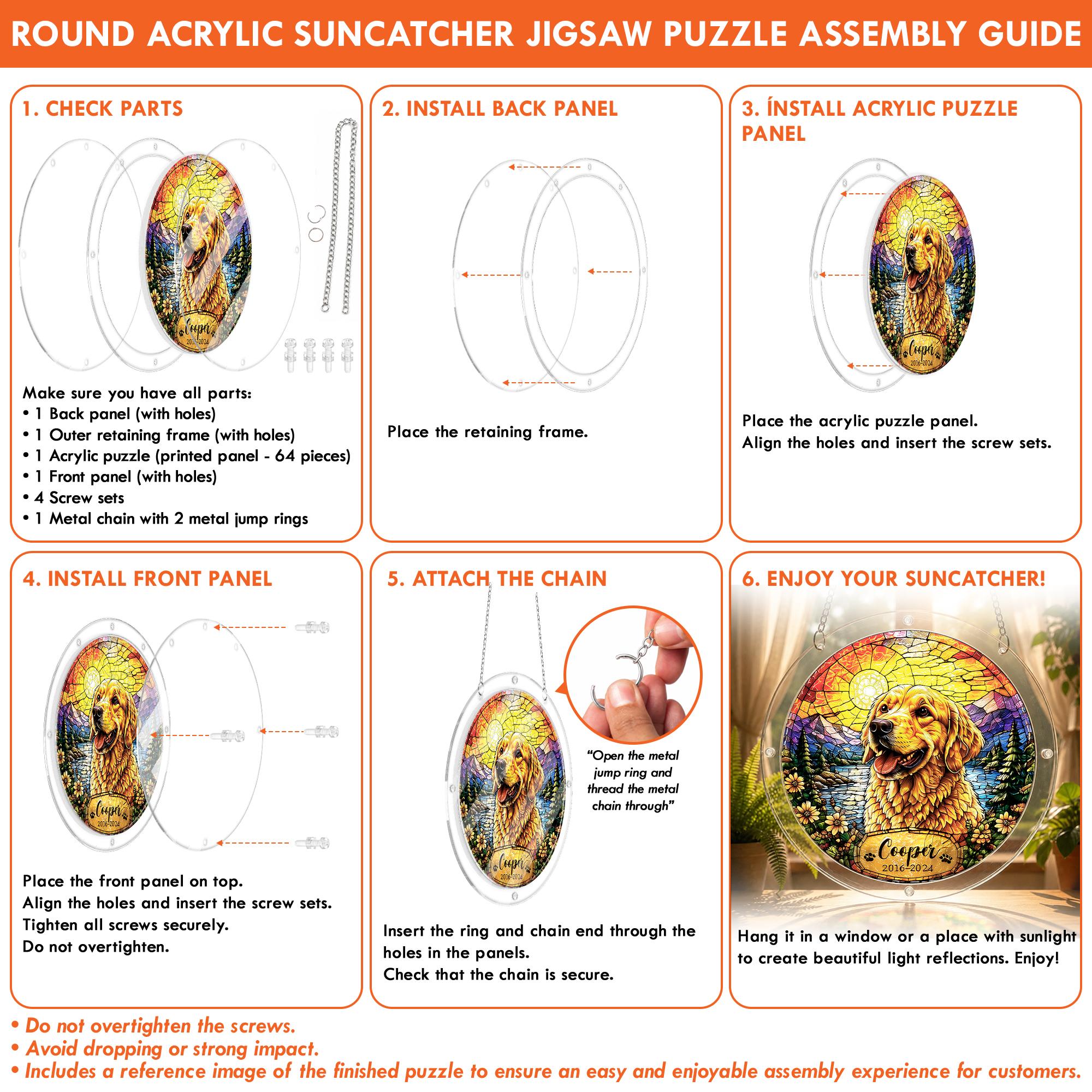 Product detail — layered 2 mm acrylic panel construction of the golden retriever memorial puzzle suncatcher