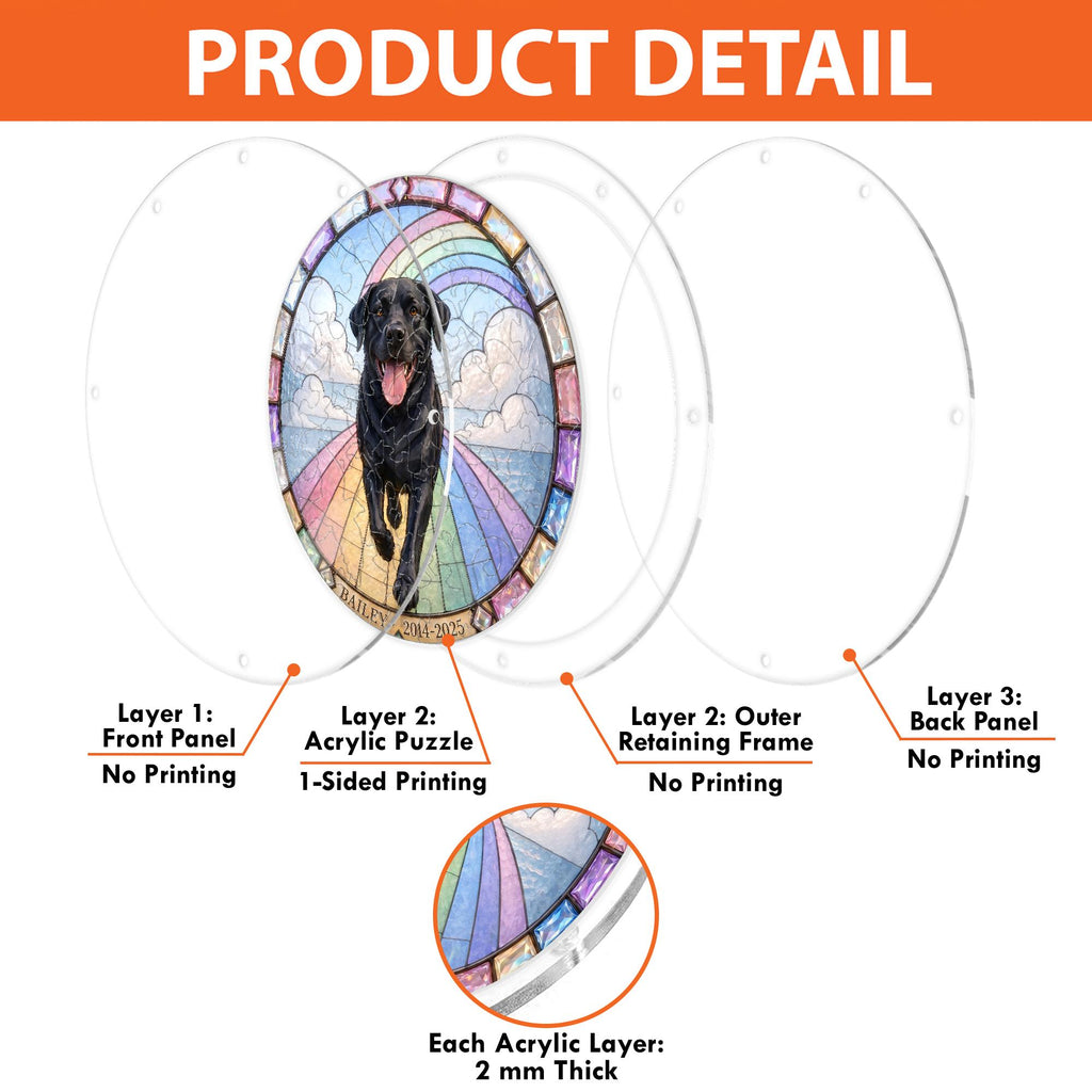 Product detail — layered 2 mm acrylic panel construction of the black Labrador memorial puzzle suncatcher