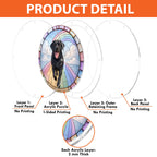 Product detail — layered 2 mm acrylic panel construction of the black Labrador memorial puzzle suncatcher