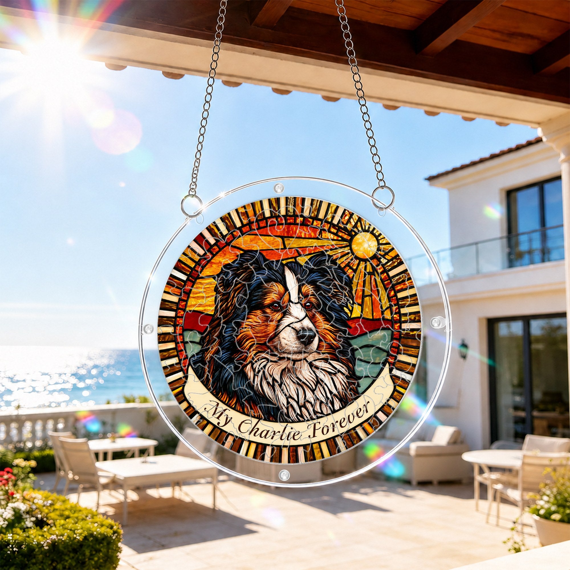 Dog memorial puzzle suncatcher hanging on a sunny patio