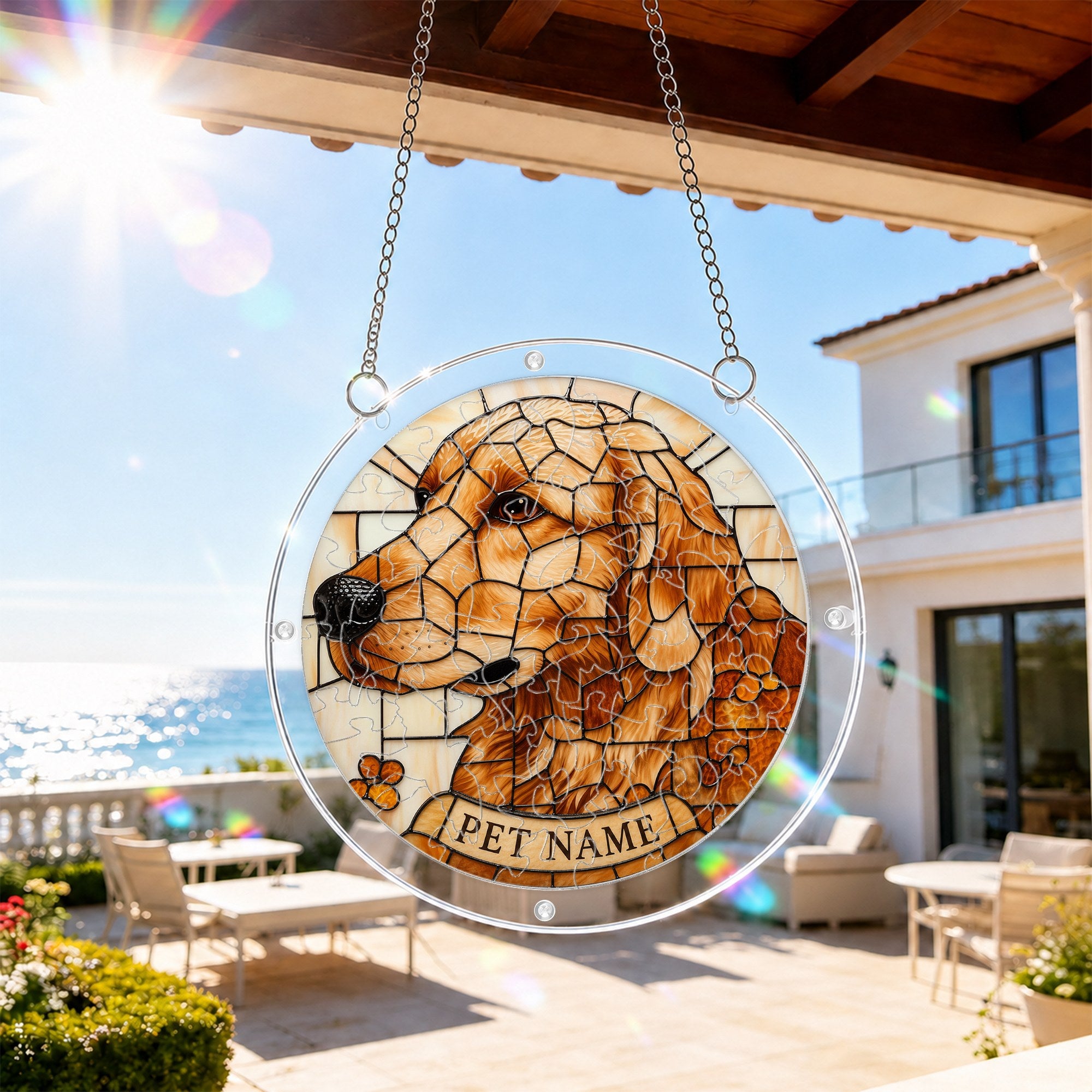 Dog memorial puzzle suncatcher hanging on a sunny patio with sky background