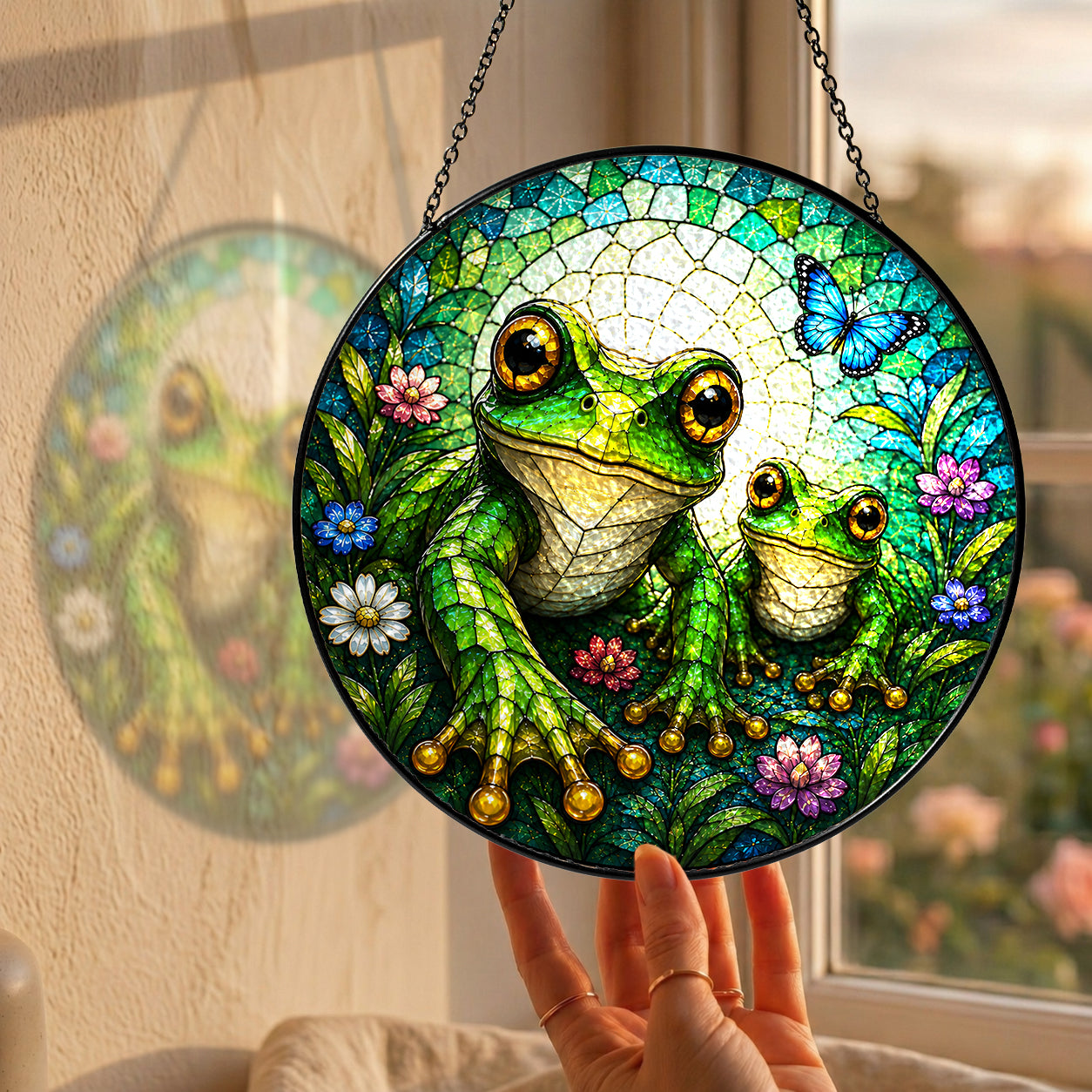 Mama and Baby Frog Wildflower Stained Glass Suncatcher