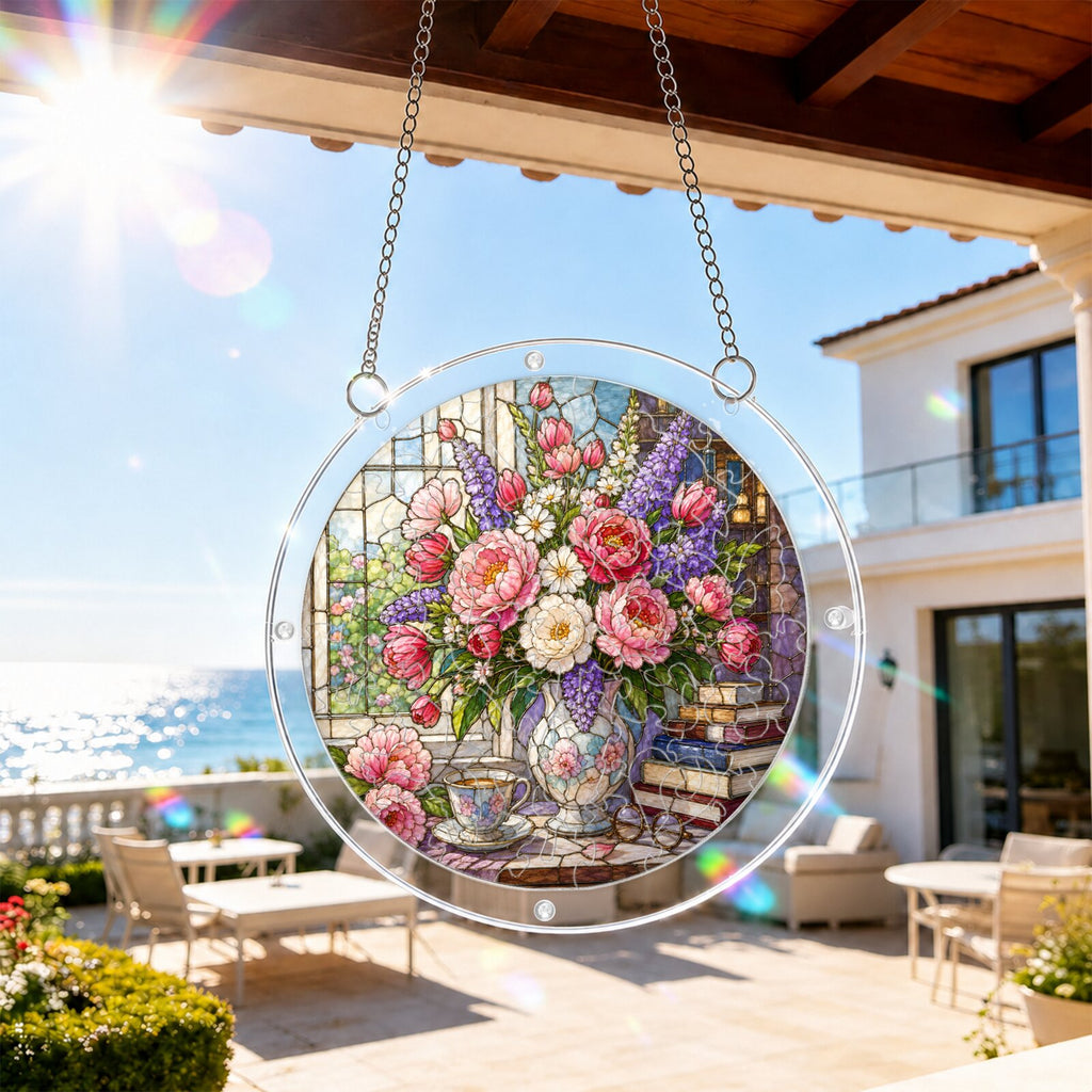 Peony &amp; Larkspur Acrylic Puzzle Suncatcher