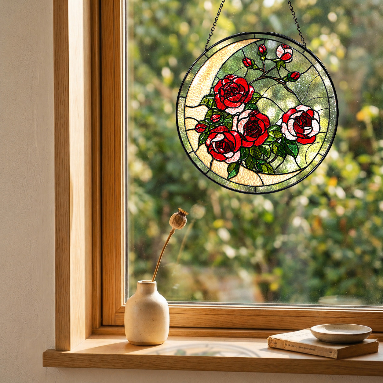 Red rose suncatcher in a cozy window with a small vase and soft natural light