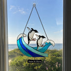Personalized Penguin Couple Ocean Wave Holographic Acrylic Suncatcher