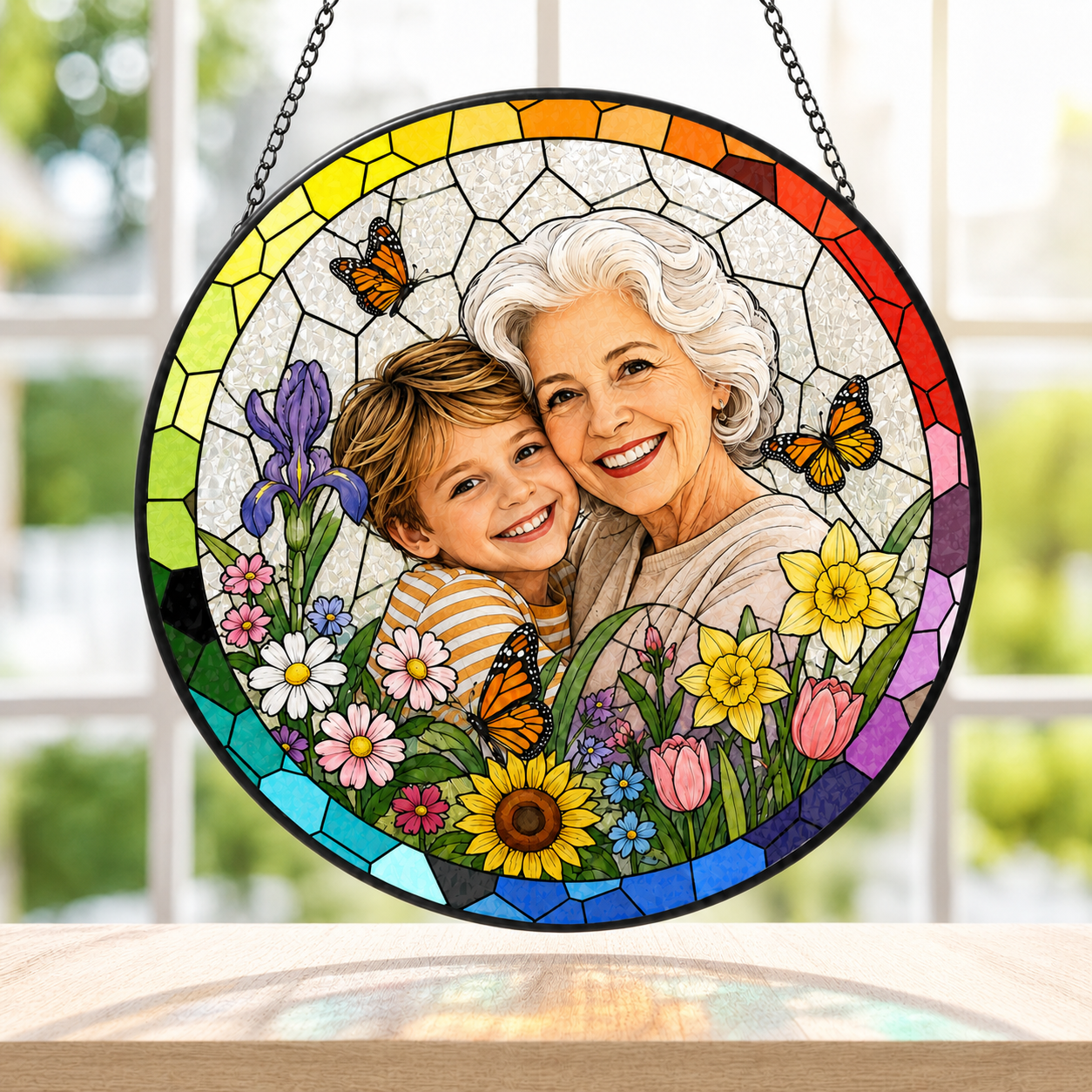 Personalized Rainbow Garden Photo Stained Glass Suncatcher